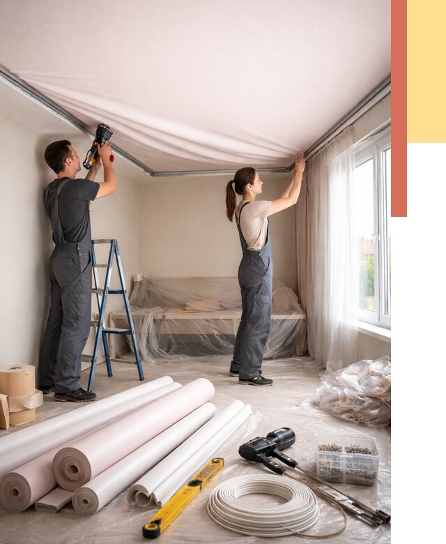 Монтаж цветного натяжного потолка в Лиски от 4595 руб/м² — быстро и недорого | ОТДЕЛОЧНИК-Лск