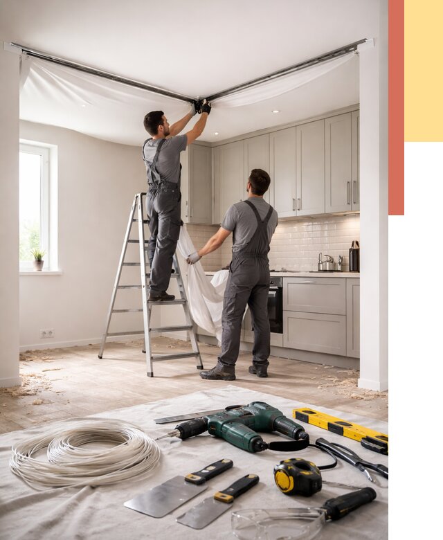 Установка натяжного потолка на кухне в Лиски от 2626 руб. | ОТДЕЛОЧНИК-Лск