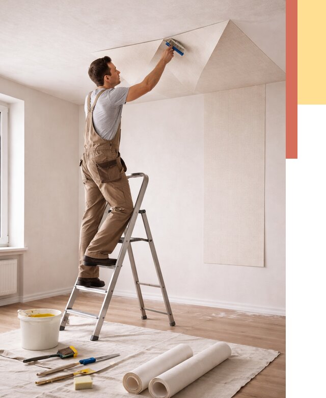 Поклейка обоев на потолок в Лиски от 4923 руб. быстро и недорого | ОТДЕЛОЧНИК-Лск